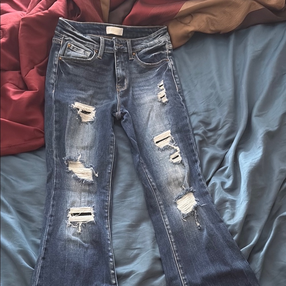 Blue Flare Wide Leg Jeans with Distressed Details
